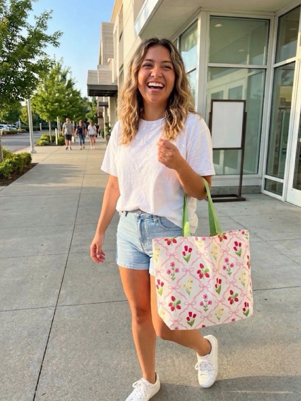 Floral Canvas Tote Bag with Green Handles